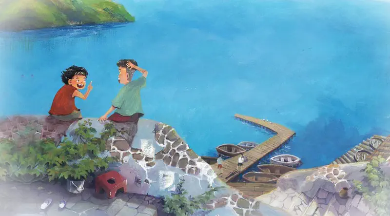 Two boys sitting on rocks overlooking large blue lake with wooden dock and boats below