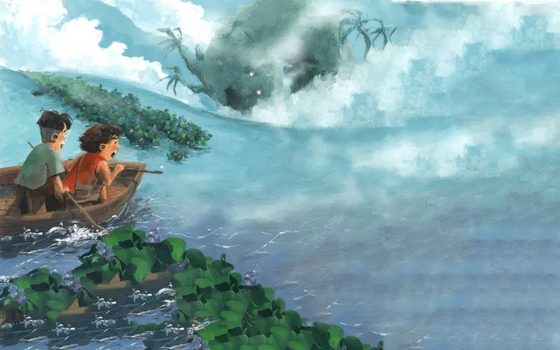 Boys in boat looking scared at mysterious foggy island shape emerging through mist