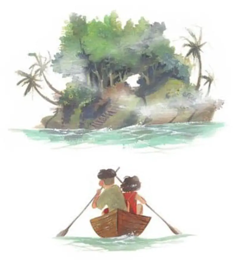 Boys rowing toward tropical island with palm trees and cave visible through clearing fog