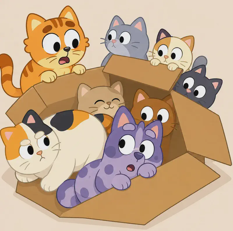 On the left side of the image, a large cardboard box sits on the ground of a suburban street, stuffed full of animals. Calico is lying inside the box with an annoyed, unwelcoming expression — a small chubby calico kitten with predominantly white fur, orange patches on the forehead and left ear, and black patches on the top of the head, with large round black eyes with white highlights. Gray Spot is squeezed in beside Calico looking wide-eyed and startled, paws up against the edge of the box — a small lavender-purple puppy with darker purple-gray spots on the back and head, large wide-set white eyes with black pupils, a small dark nose, and triangular ears with peach-pink inner coloring. Pokey stands just outside the box at the upper left, peering in with a surprised expression at the crowded scene. There are several additional cats crammed into and around the box, including ones perched on the rim and tucked inside. The right ~40% of the image is plain warm beige background.