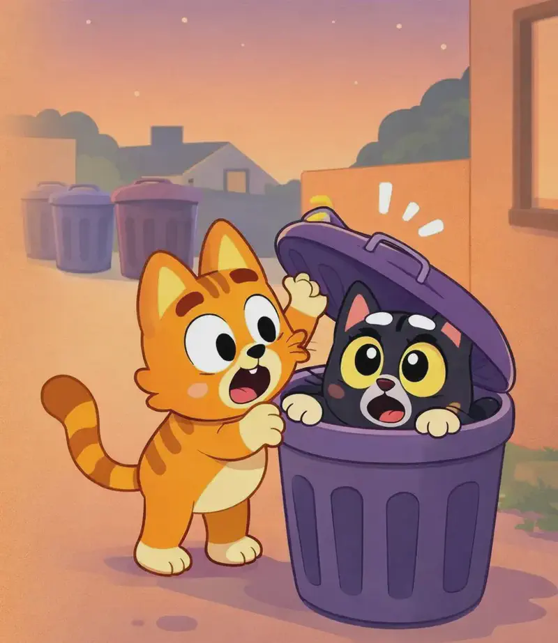 On the right side of the image, Pokey stands on tiptoes beside a purple trash can, lifting the lid with a surprised expression and one paw raised in shock — discovering Inky already curled up inside, with paws poking out over the rim. Inky is a small black cat with a white chest and belly patch, a white spot on top of the head, white inner ears, and large round yellow eyes with black pupils. In the upper-left background, a row of additional trash cans lines an alley beside a building. The scene is set outdoors in a suburban back alley at dusk, with warm, soft fading light.