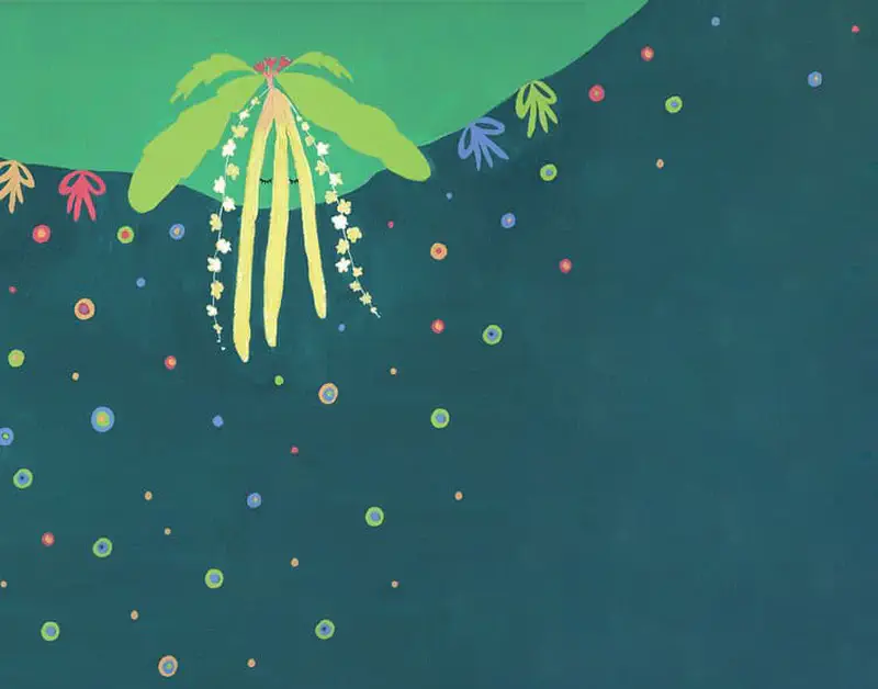 Yellow oak flower with green leaf petals floating in dark night sky filled with colorful dots