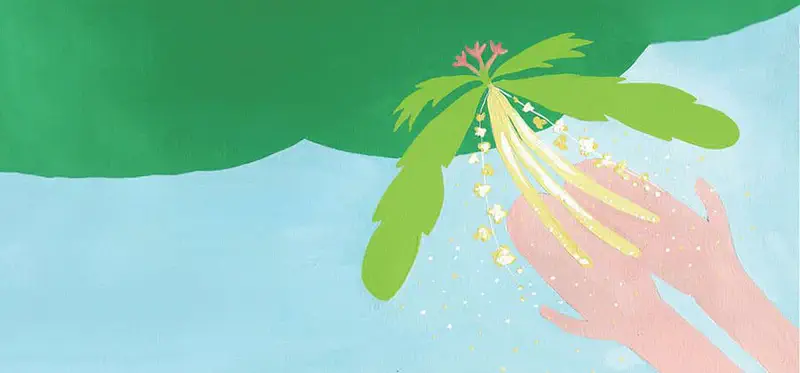 Hands gently cupping oak flower with yellow stamens releasing golden pollen against green foliage