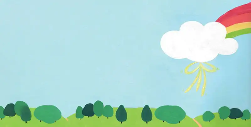 Small yellow flower floating on cloud under rainbow with green forest landscape below