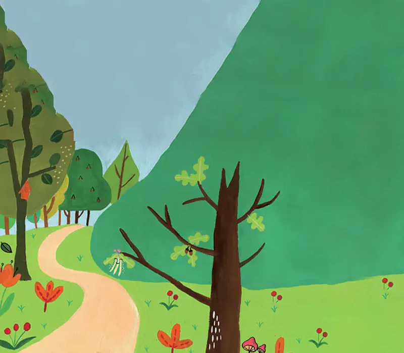 Winding path through green meadow with oak tree sprouting new leaves, red tulips, and forest in background