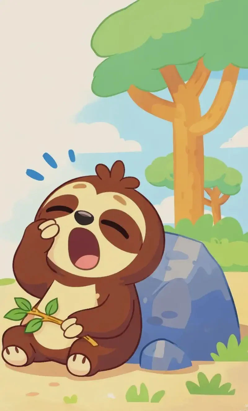 Sloth is sitting on the ground on the right side of the image, leaning back against a blue-gray rock with mouth wide open in a big yawn, one paw raised near their face. They hold a small leafy twig in their other paw and look exhausted and sleepy. The outdoor scene features flat ground with small tufts of grass, a couple of tall trees in the background, and a large blank cream area on the left for page text.
