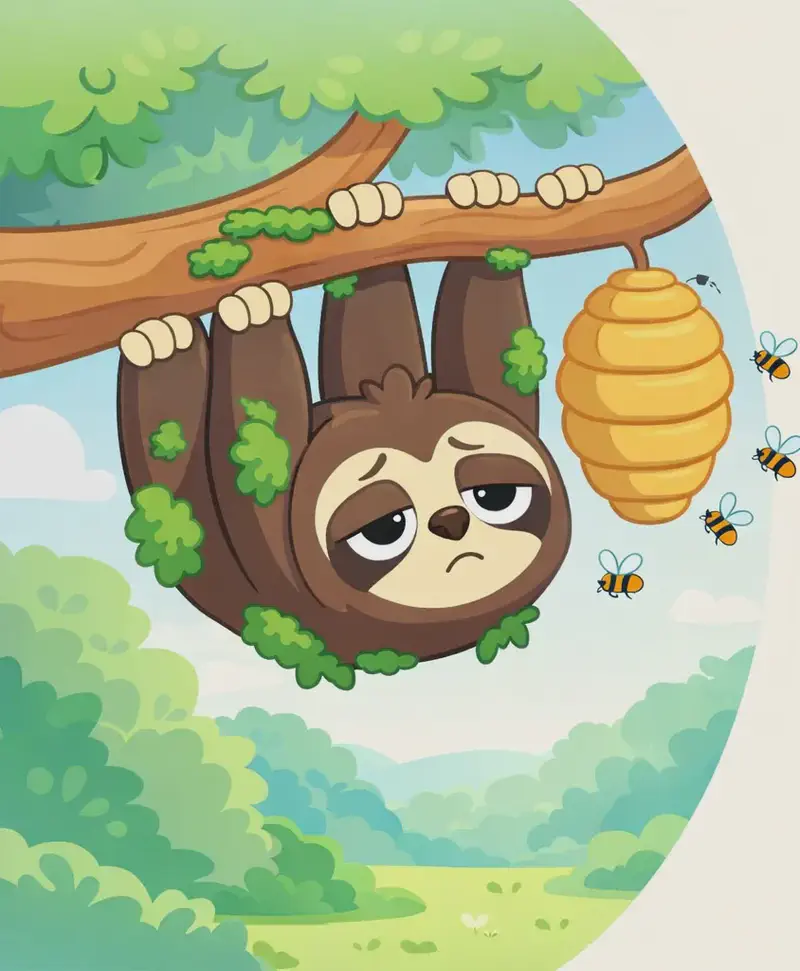 On the left side of the image, Sloth hangs upside down from a tree branch, gripping with all four paws, wearing a sleepy and unamused expression. Patches of green moss cling to Sloth's dark brown fur. A large beehive dangles from the same branch just to Sloth's right, with several bees buzzing around in the air nearby. The outdoor scene features green foliage in the background, composed within an oval vignette that leaves the right side open as plain background.
