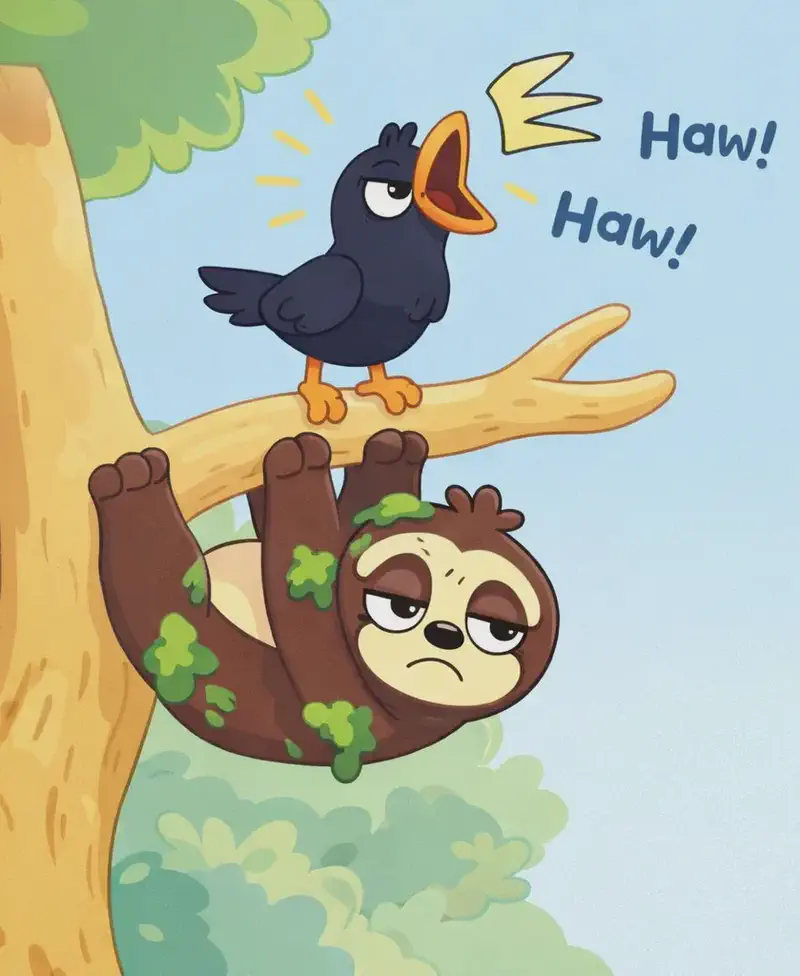On the left side of the image, Sloth hangs upside down from a tree branch, clinging with all four paws and looking annoyed and frustrated, with furrowed brow and one eye half-open. Patches of green moss cling to Sloth's dark brown fur. Bird is perched on a branch directly above Sloth, head tilted back and short orange beak open wide, cawing loudly — "Haw-haw!" sound effects surround the scene. The setting is outdoors in a tree with green leaf patches in the background, and the right portion of the image is open background space.