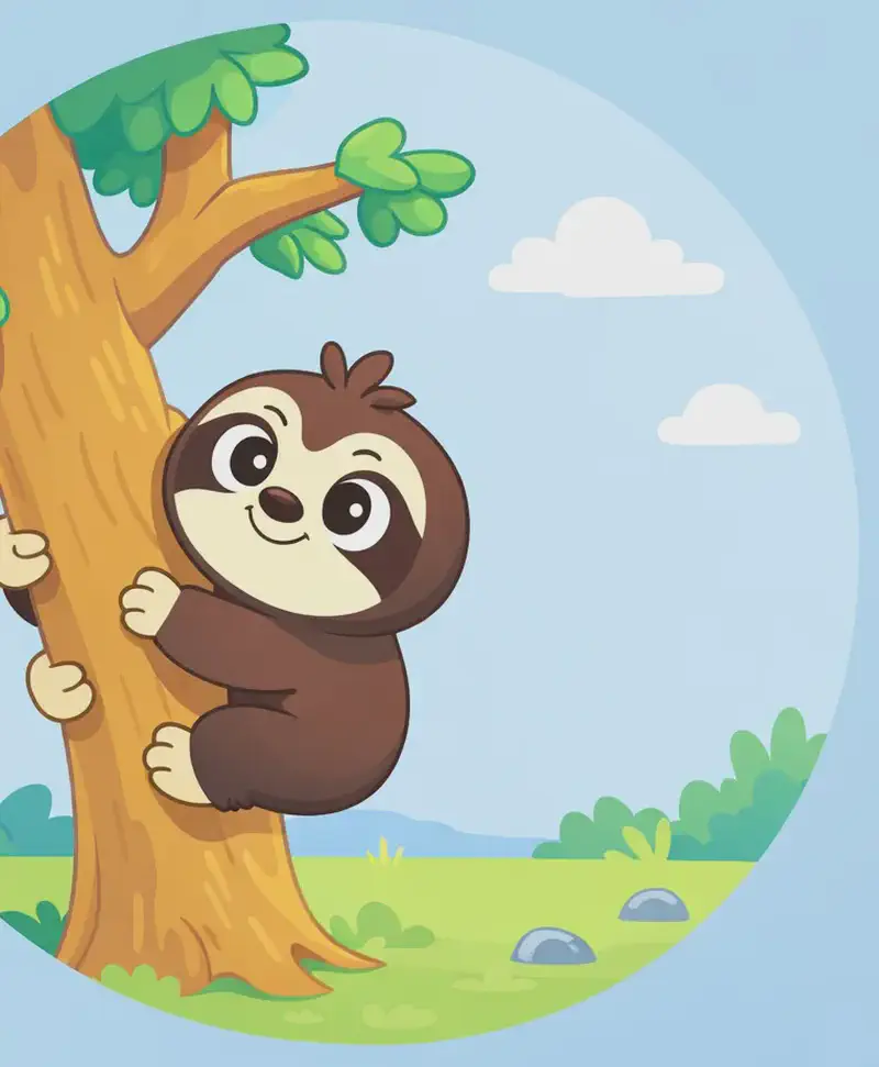 On the left side of the image, Sloth is climbing up the trunk of a tall tree, gripping it with all four limbs and looking upward with a content, curious expression. The tree has a few green leafy branches extending from the top. The outdoor scene shows a grassy ground with small rocks, set against a bright daytime sky with a couple of small clouds. The composition is framed within a circular vignette.