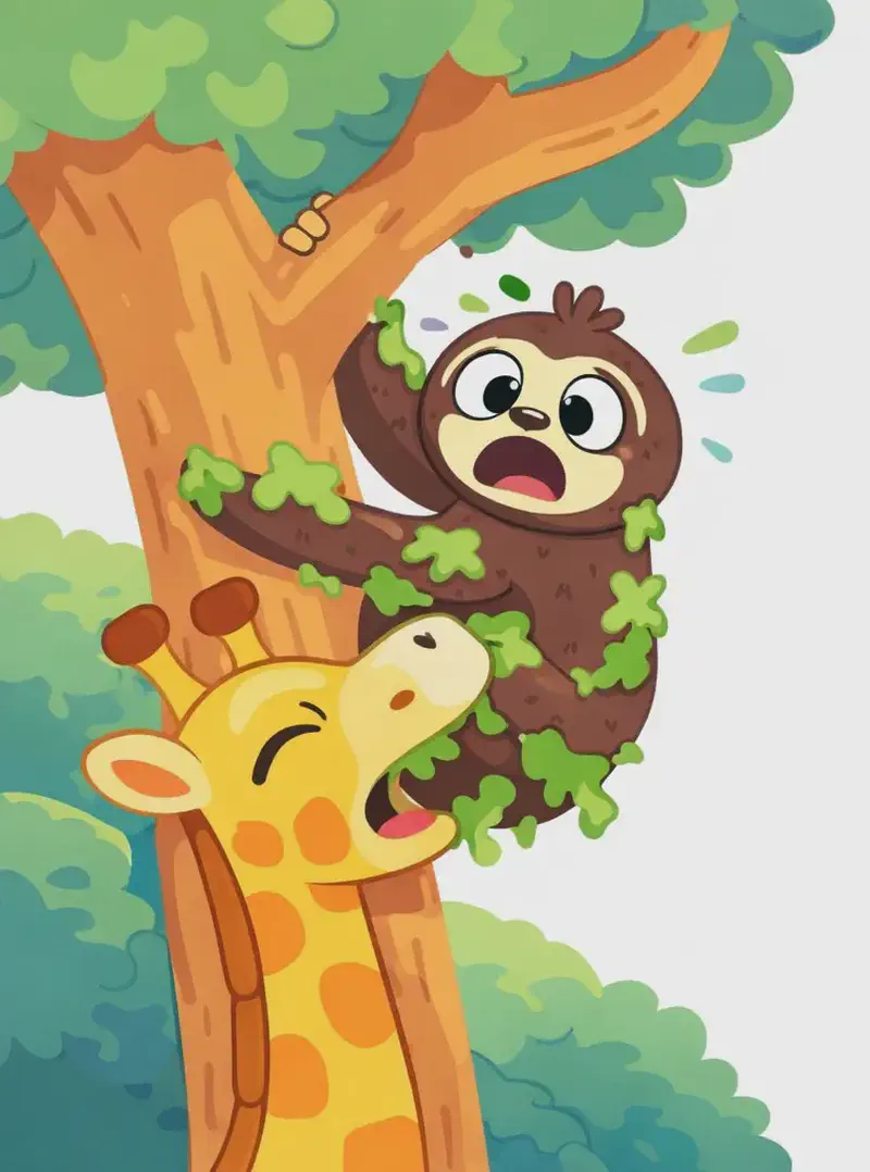 On the left side of the image, Sloth hangs from a tree branch with a startled, pained expression, eyes wide open in shock. Patches of green moss are visible on Sloth's dark brown fur, resembling leaves. Giraffe's head reaches up into the tree from below with eyes closed and mouth open, biting at Sloth's mossy fur, clearly having mistaken Sloth for a leafy snack. Green foliage surrounds the tree, with the right side of the image left as plain white background for page text.