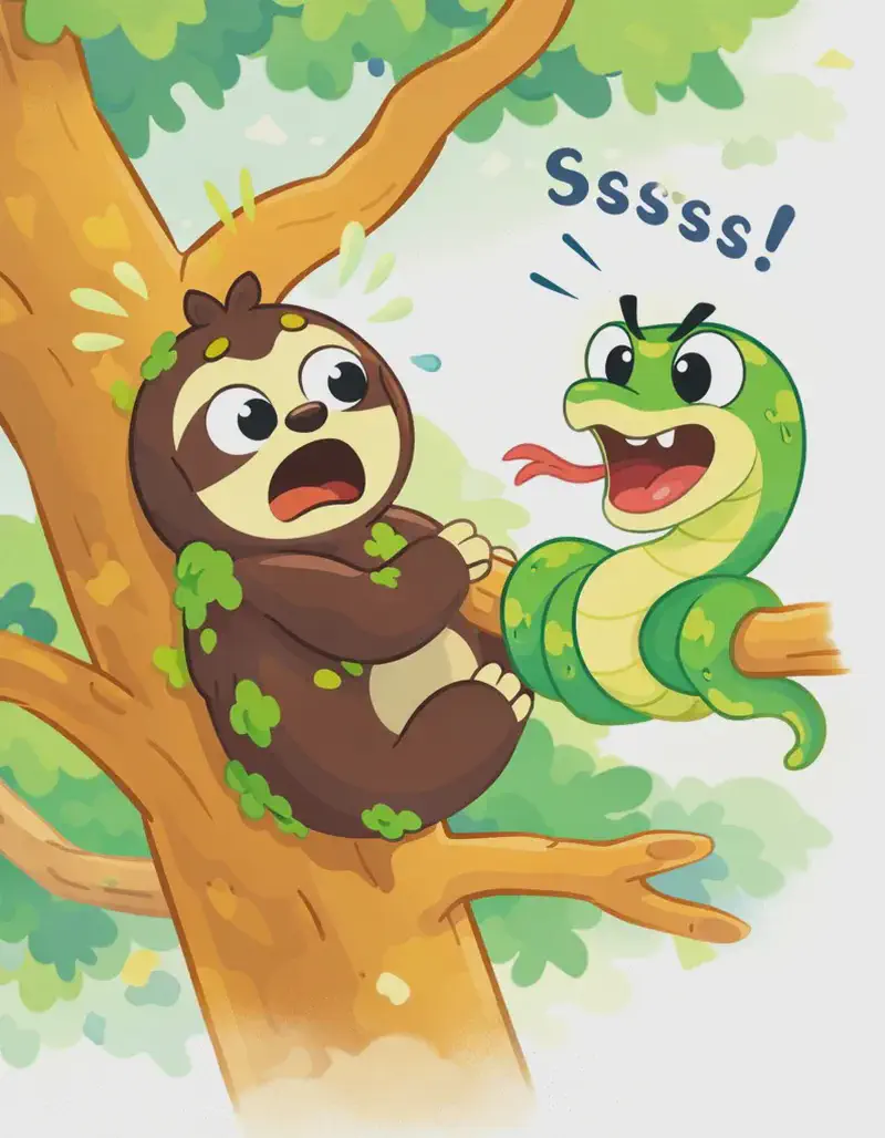 On the left side of the image, Sloth clings to a tree branch with a shocked, wide-eyed, open-mouthed expression, looking alarmed. Patches of green moss cling to Sloth's dark brown fur. Snake is coiled tightly around the same branch near Sloth, hissing loudly with mouth open showing fangs and pink forked tongue flicking out — "Ssssss!" sound effects surround the scene. The setting is outdoors among tree branches with soft green foliage in the background. The right side of the image is plain white background.