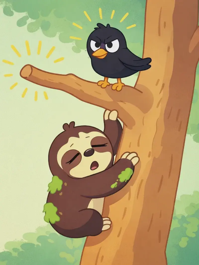 On the right side of the image, Sloth clings to the lower trunk of a large tree, eyes nearly shut and wearing a drowsy, exhausted expression, reaching upward toward a free branch. Patches of green moss cling to Sloth's dark brown fur. Bird perches on an upper branch above, looking down at Sloth alertly with small yellow radiance lines around its head. The empty branch between them glows with radiating lines, highlighting it as the promising free spot. The scene is set outdoors against a soft green background suggesting leafy surroundings.