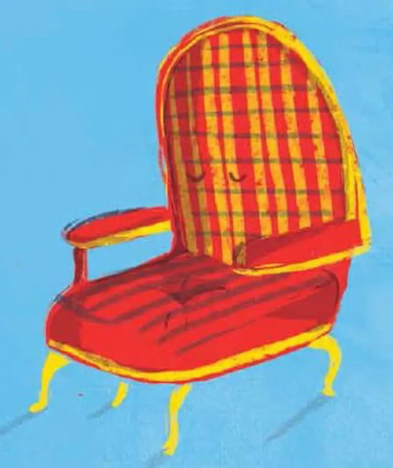 Red and yellow plaid armchair with small closed eyes suggesting invisible girl sitting