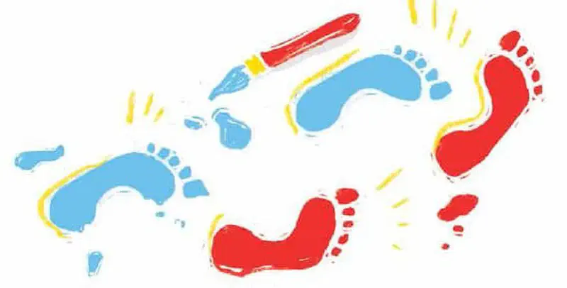 Blue and red painted footprints with paintbrush showing invisible girl making herself visible