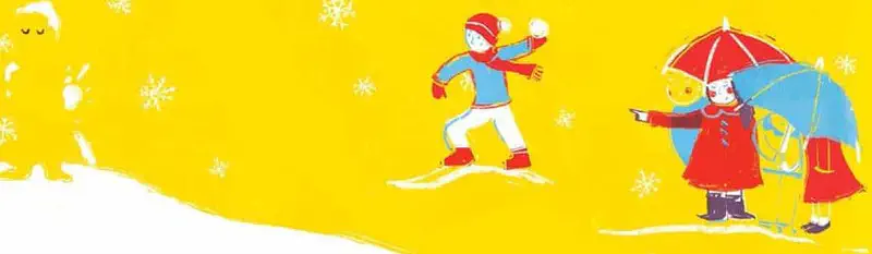 Children playing in snow with invisible girl watching kids throw snowballs and hold umbrella