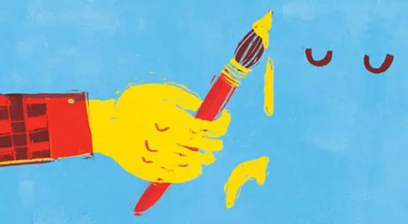 Yellow hand in plaid sleeve holding paintbrush next to invisible girl with closed eyes