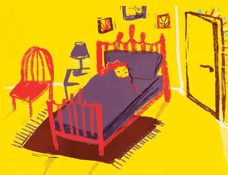 Red-haired girl sleeping alone in red bed in yellow bedroom with chair lamp and open door