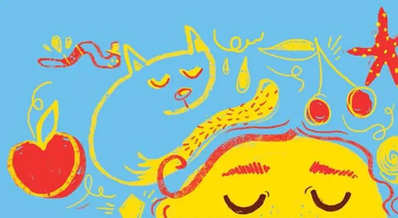 Girl dreaming with doodles of cat apple starfish and swirls around her yellow face