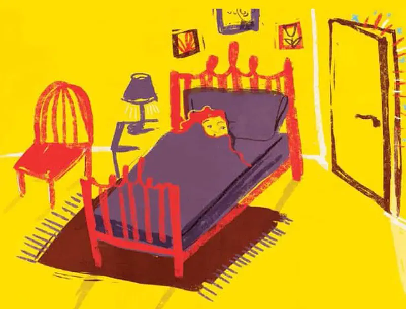 Red-haired girl alone in yellow bedroom tucked into purple bed on red frame