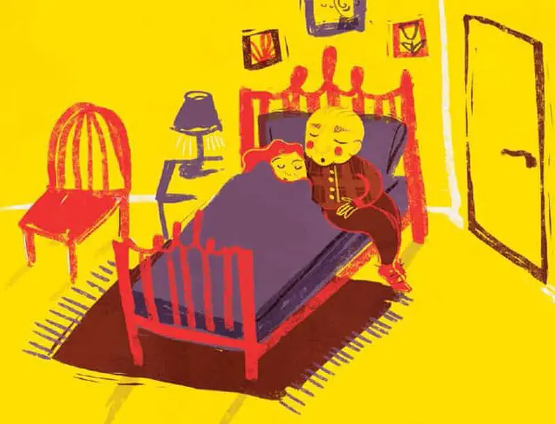 Grandad in plaid sitting on edge of red bed with girl snuggled under purple covers