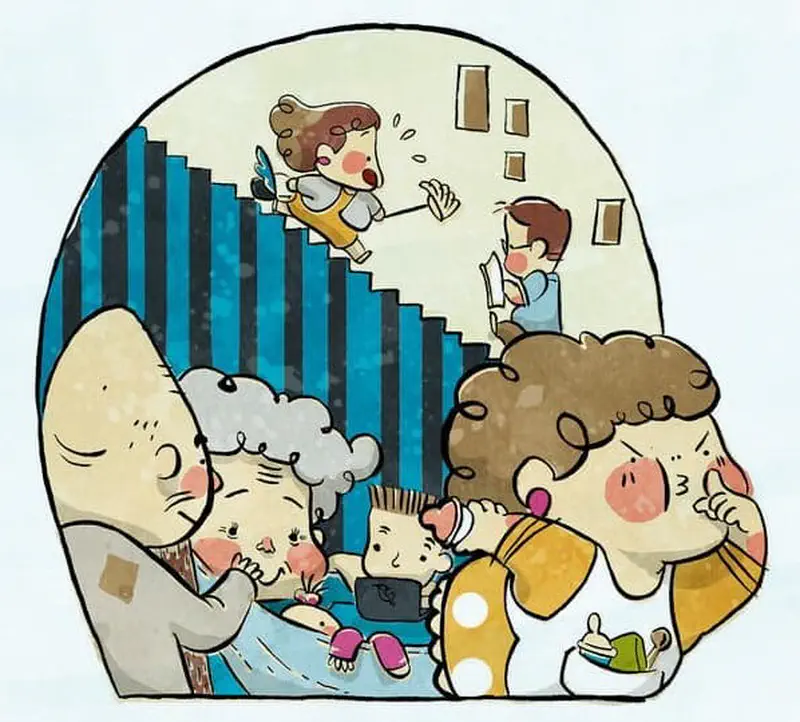 Crowded home with large family on couch including grandparents, parents, children, baby, and cat on stairs