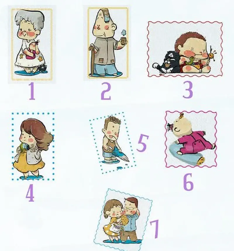 Seven numbered photo frames showing family members including grandma, grandpa, child with cat, aunt, uncle, baby, and parents