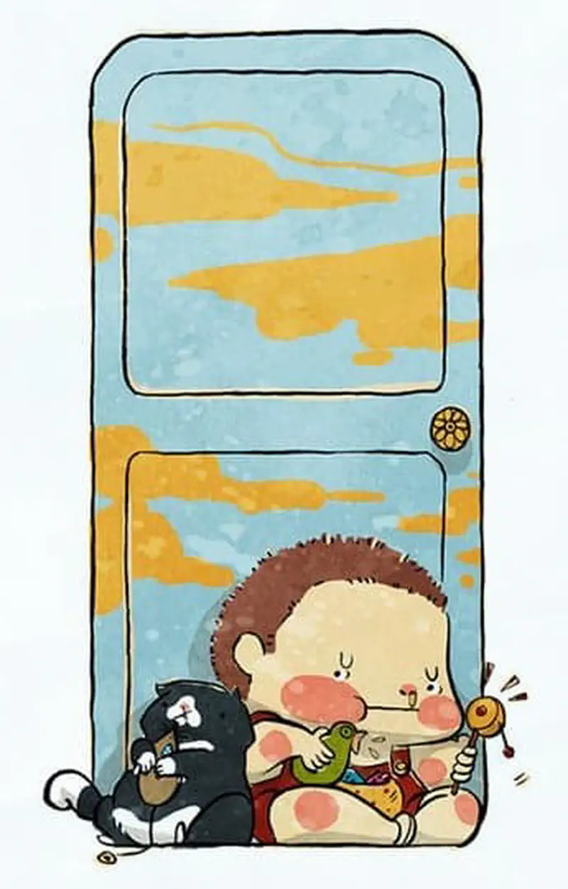 Child squeezed into doorway with cat and toys looking frustrated about lack of space