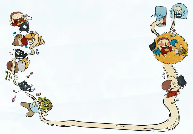 Family members lined up along path leading to child in bathtub with music notes floating around