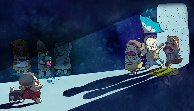 Child running toward wet family members coming inside from rainstorm with blue umbrella