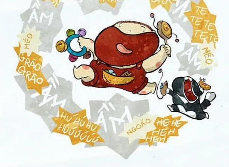 Happy baby in red outfit running with rattle and lollipop while cat chases alongside with playful sound effect words surrounding them