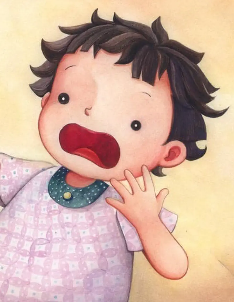 Close-up of girl with messy short haircut looking shocked with hand on chin and mouth open