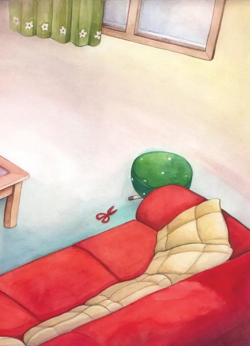 Empty living room with red couch, cream pillow, green polka dot stool, red scissors on floor, and window with green floral curtains