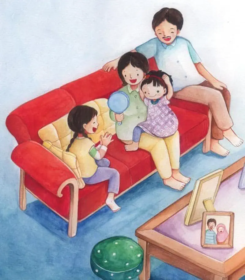 Happy family on red couch with mother holding mirror, girl with short hair hugging her, father behind, and sister clapping on armchair