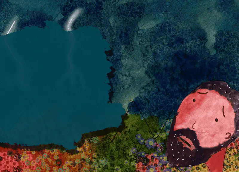 Man looking up at dark sky with lightning streaks while standing in flower garden