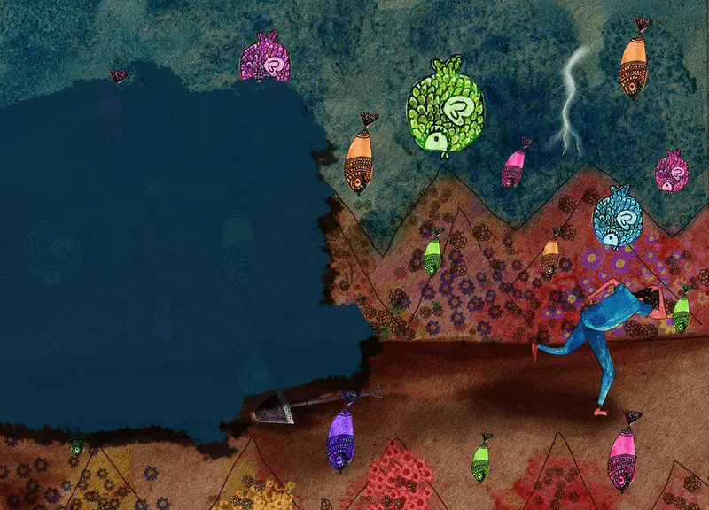 Colorful fish falling from stormy sky as man runs away in surprise through garden