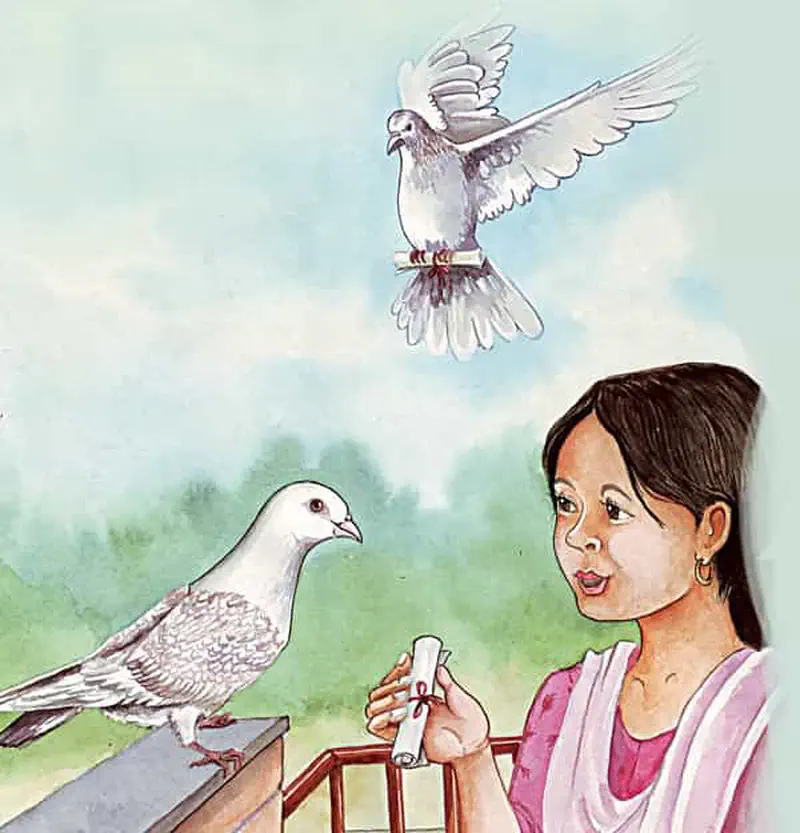 Girl in pink top holding message scroll while pigeon lands and another flies above