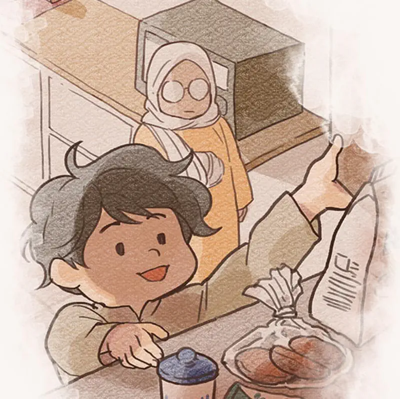 Boy smiling at kitchen counter with grandmother in hijab and glasses standing behind near ingredients