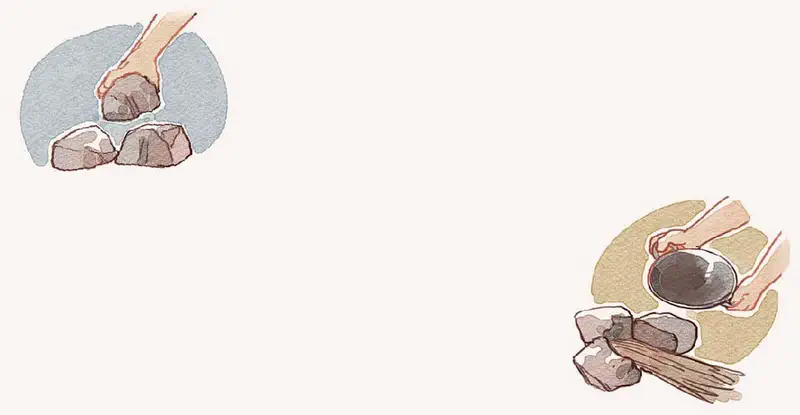 Two illustrations showing hands arranging stones and placing pot over wood fire