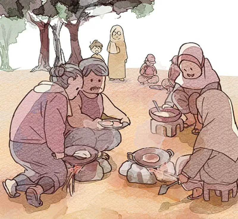 Village scene with families cooking outdoors under trees using traditional stoves