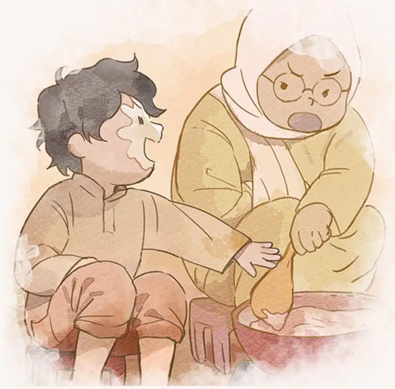 Boy talking to surprised grandmother in hijab and glasses while sitting together