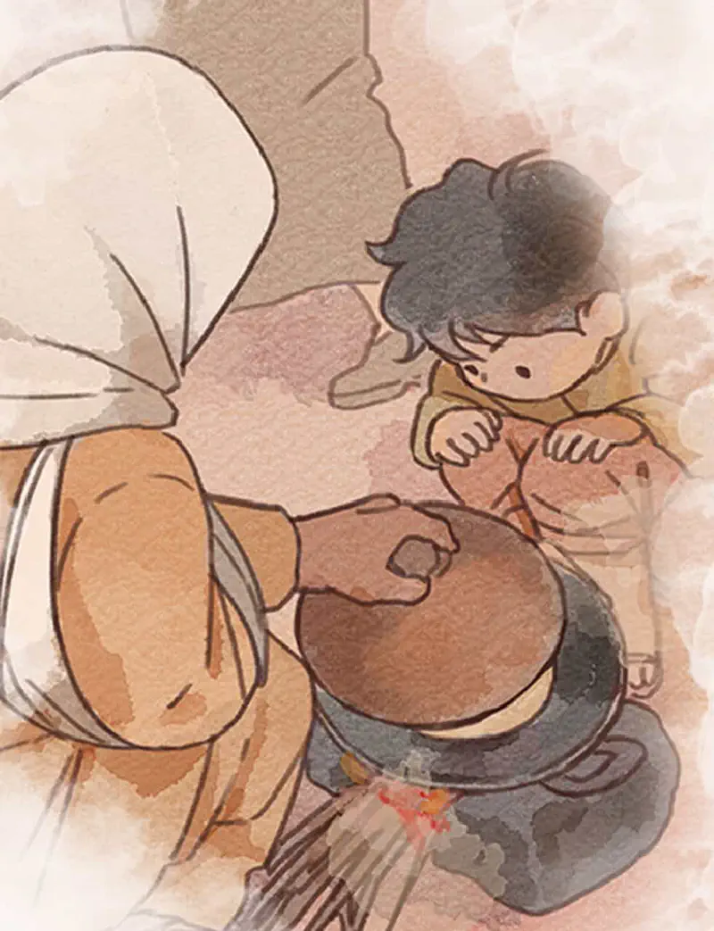 Grandmother in hijab and boy watching pot cook over fire while stirring together