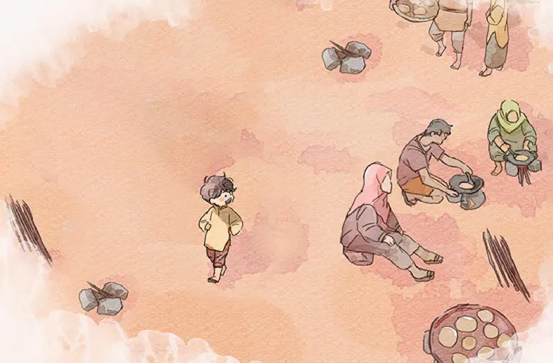 Aerial view of village with boy standing alone watching families cooking at multiple stations