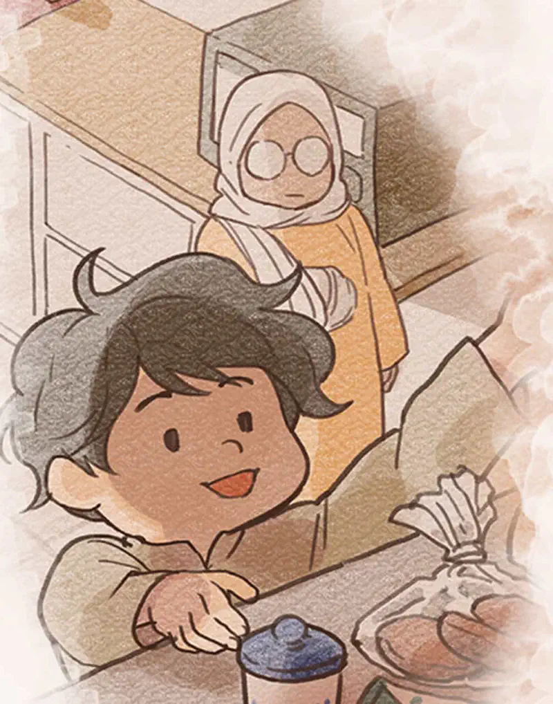 Boy smiling at kitchen counter with grandmother in hijab and glasses standing behind near ingredients