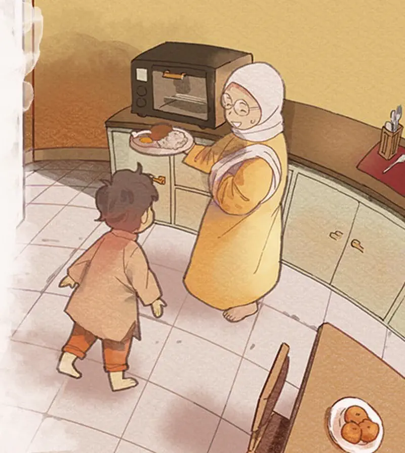 Grandmother in hijab serving food plate to boy in kitchen with microwave and cakes on table