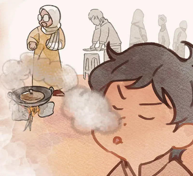 Boy smelling cooking steam with grandmother stirring pot and people waiting in background