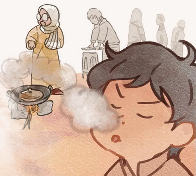 Boy smelling cooking steam with grandmother stirring pot and people waiting in background
