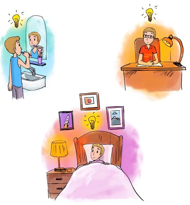 Three scenes showing boy with lightbulb ideas while brushing teeth at desk and lying in bed
