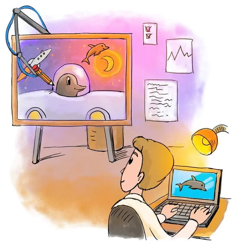 Boy at laptop viewing dolphin picture with creative drawing board showing robot painting sunset behind