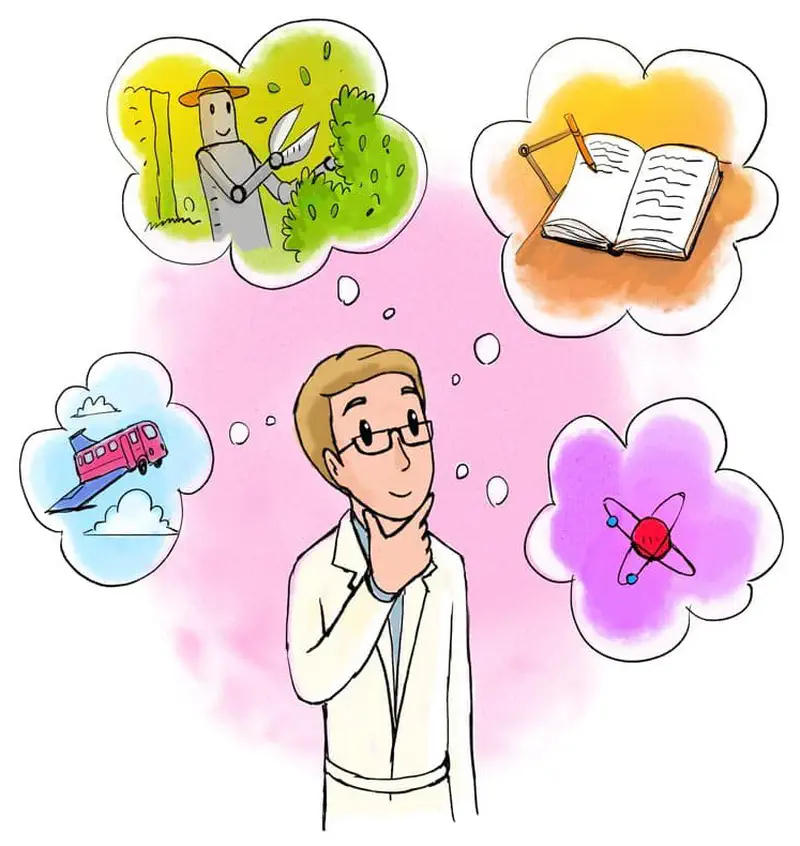 Inventor in lab coat thinking with thought bubbles showing robot gardening books train and atom