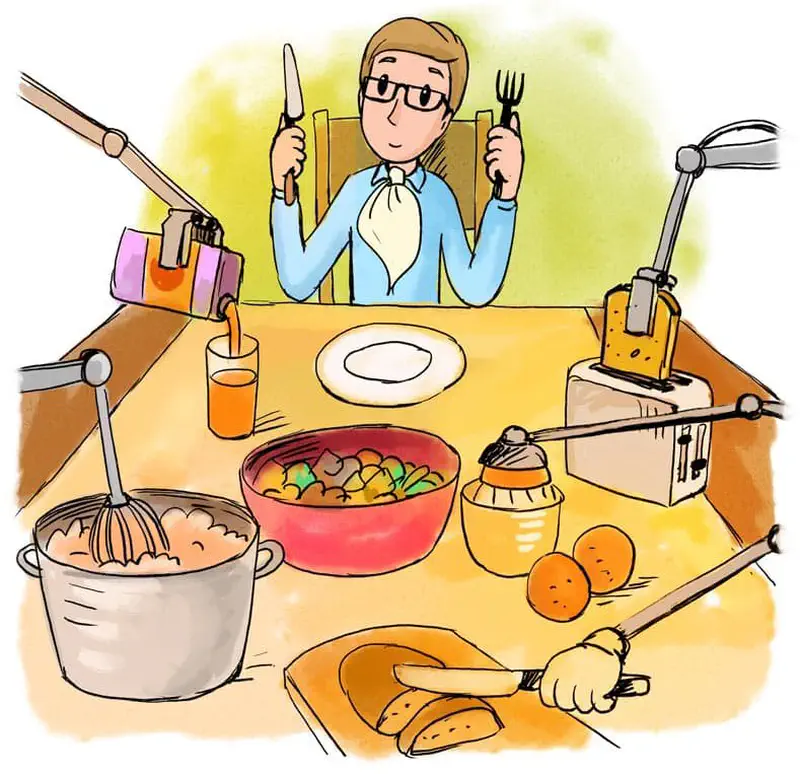 Boy with glasses at table with robotic arms helping with cooking pouring juice and slicing bread